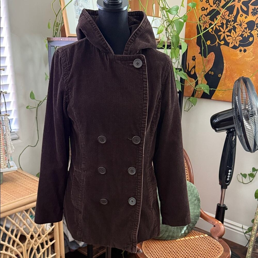 Sonoma Chocolate Brown Corduroy Double Breasted Hooded Classic Pea Coat Jacket